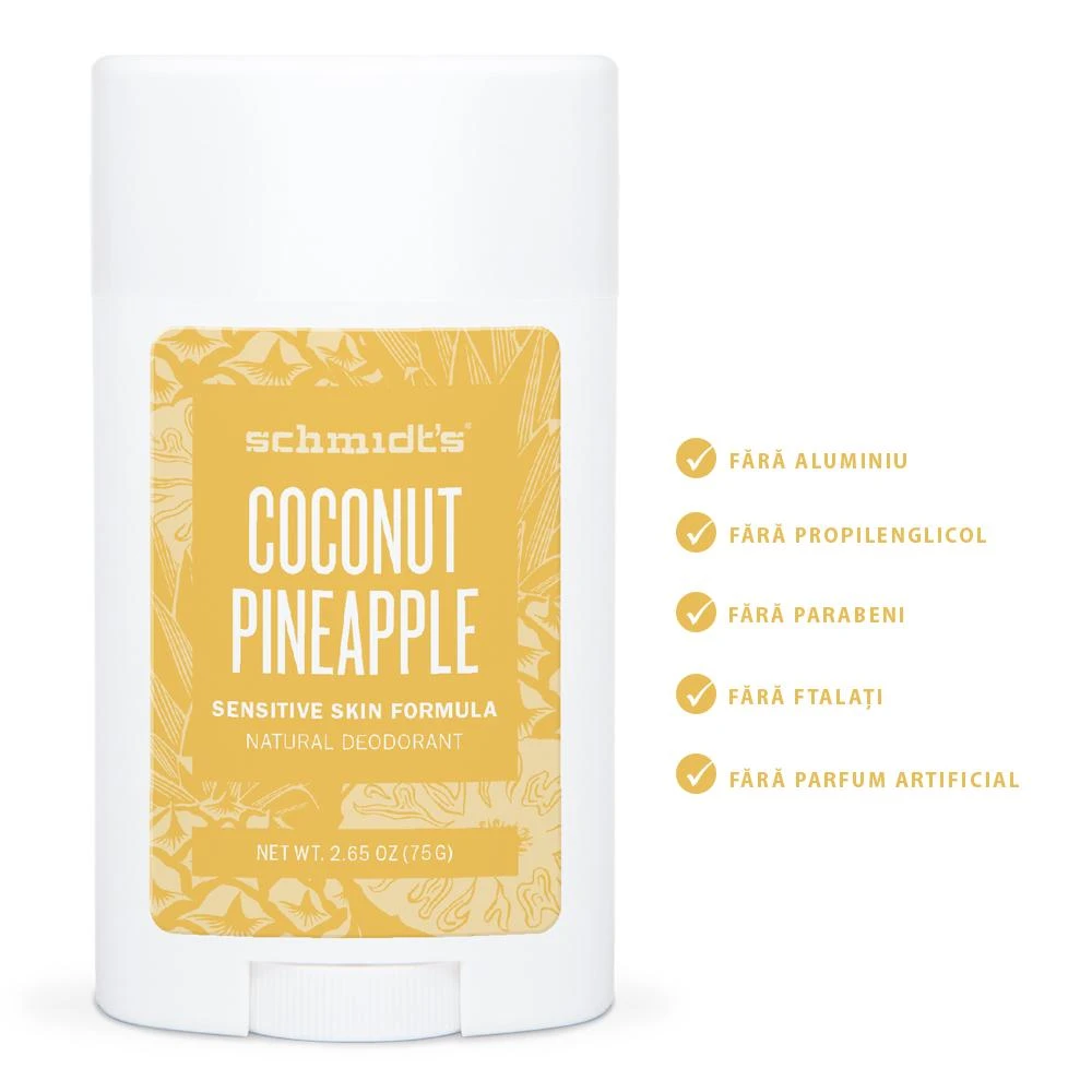 Deodorant stick cu magneziu pentru piele sensibila, Coconut Pineapple - Schmidts's Deodorant