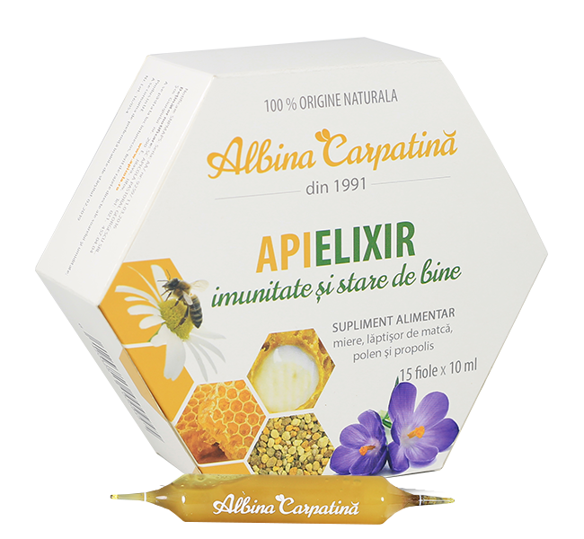 Apielixir Imunitate cu miere, polen, propolis, laptisor de matca, 15 fiole x 10ml - Albina Carpatina