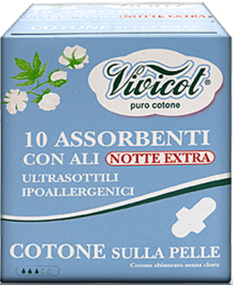 Absorbante de noapte ultrasubtiri cu aripioare, 10 buc - VIVICOT PURO COTONE