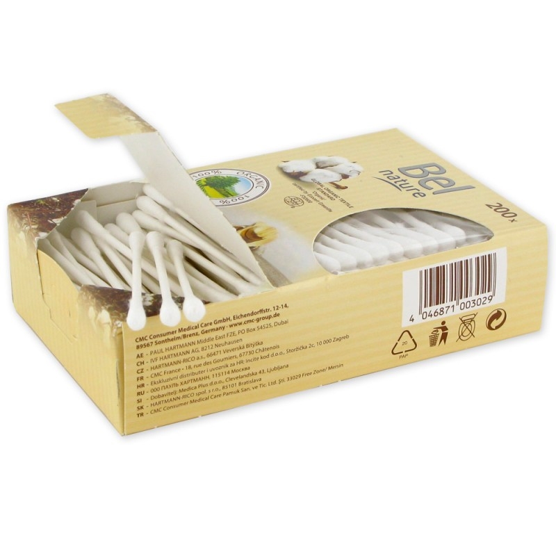Betisoare de urechi din bumbac organic, 200 buc - Bel Nature