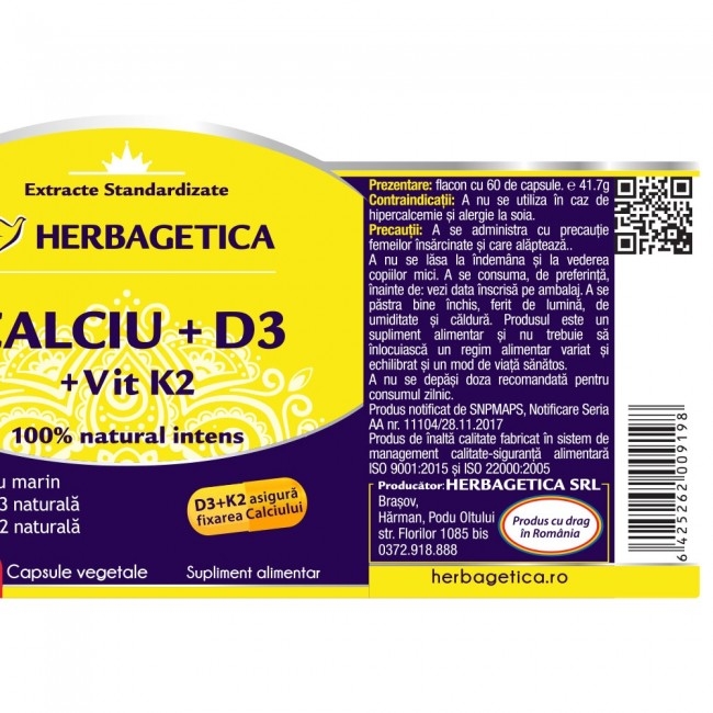 CALCIU + D3 cu vitamina K2, 60 capsule - HERBAGETICA