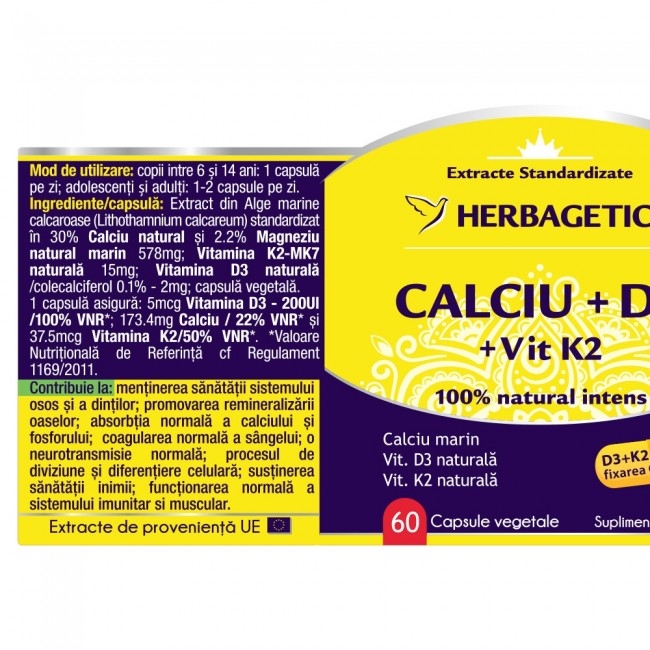 CALCIU + D3 cu vitamina K2, 60 capsule - HERBAGETICA