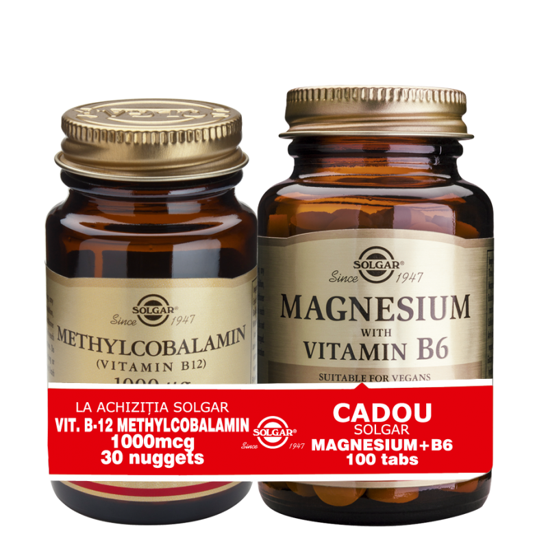 Metilcobalamina Vitamina B12 1000µg (30 tb) + CADOU Magnesium cu B6 (100 tb) - Solgar