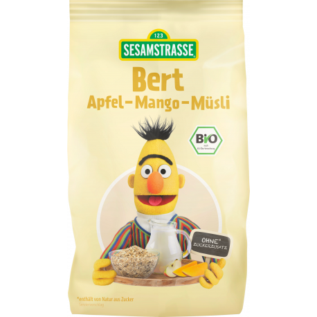 Musli bio pentru copii cu mere si mango Bert, 200g  - SesameStreet