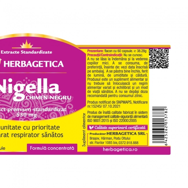 NIGELLA Chimen Negru, supliment natural, 60 capsule - HERBAGETICA