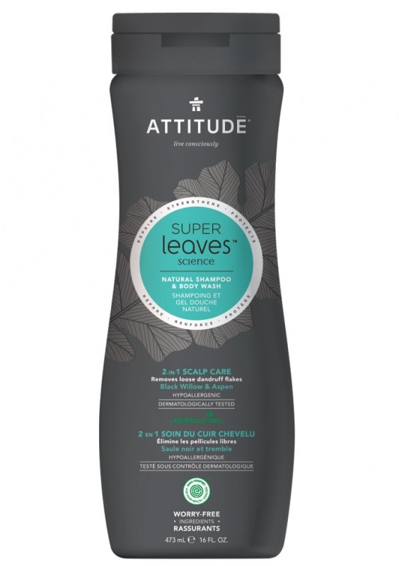 Sampon si gel de dus pentru barbati, ingrijire scalp, Superleaves 473 ml - ATTITUDE