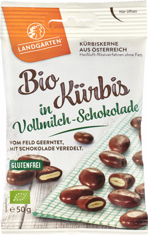 Seminte de dovleac trase in ciocolata cu lapte, BIO, 50g - Landgarten