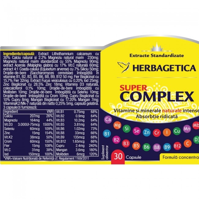 Super Complex vitamine si minerale naturale intense, 30 capsule - HERBAGETICA