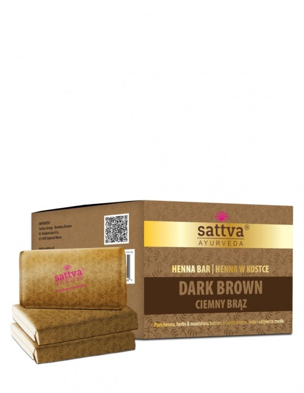 Vopsea Henna Saten Inchis Sattva Ayurveda – Complet Naturala, 3 Calupuri cu Unt de Shea si Uleiuri Esentiale