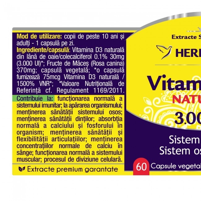 Vitamina D3 naturala 3000UI, 60 capsule - HERBAGETICA